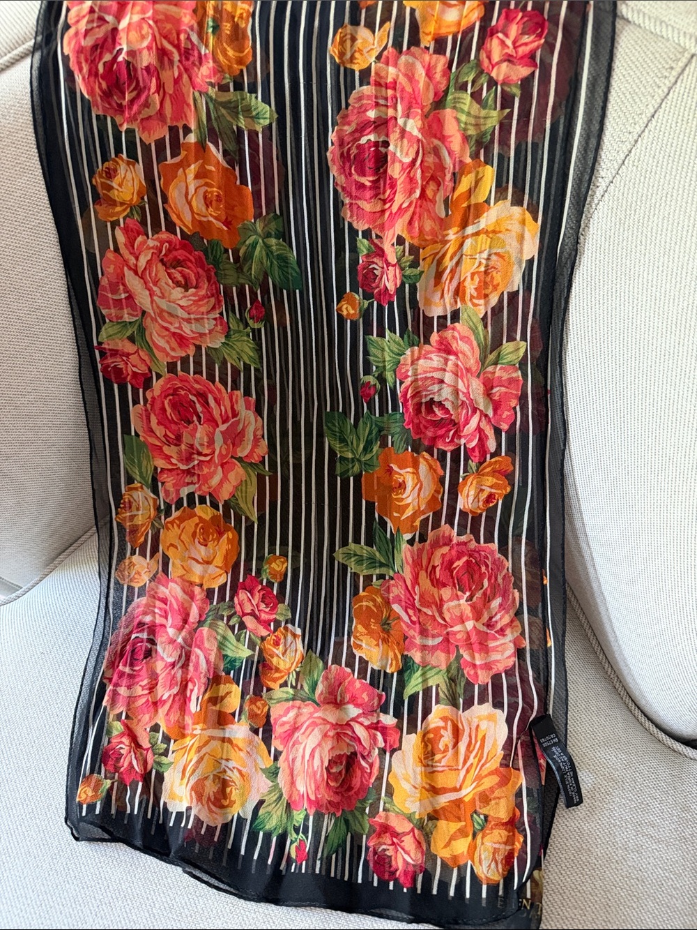 VTG  Ellen Tracy Floral & Pinstripe Sheer Silk Scarf Lightweight Elegant Wrap